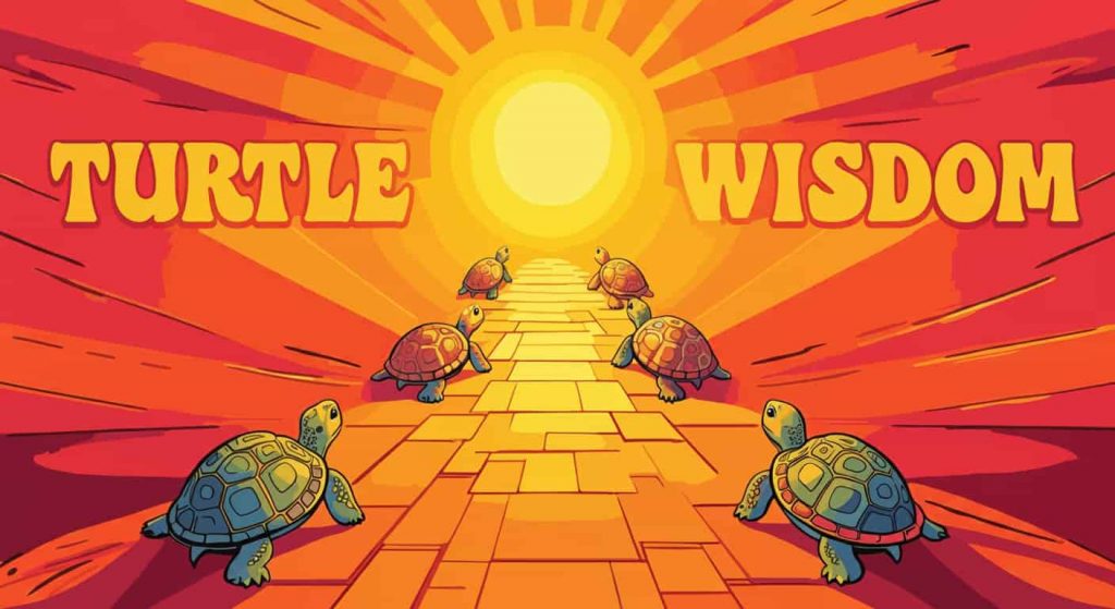 A vibrant pop art style image inspired by Peter Max, showing a path of turtle shells leading to a radiant sun, with the title "Turtle Wisdom" displayed.