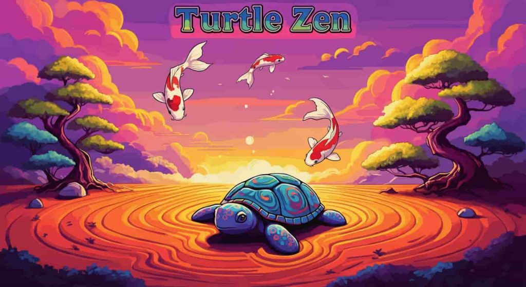 Vibrant pop art zen garden with a colorful turtle shell-shaped stone, swirling sand patterns, stylized bonsai trees, and floating koi fish, illustrating the concept of finding strength in stillness from dead turtle symbolism in a psychedelic style.