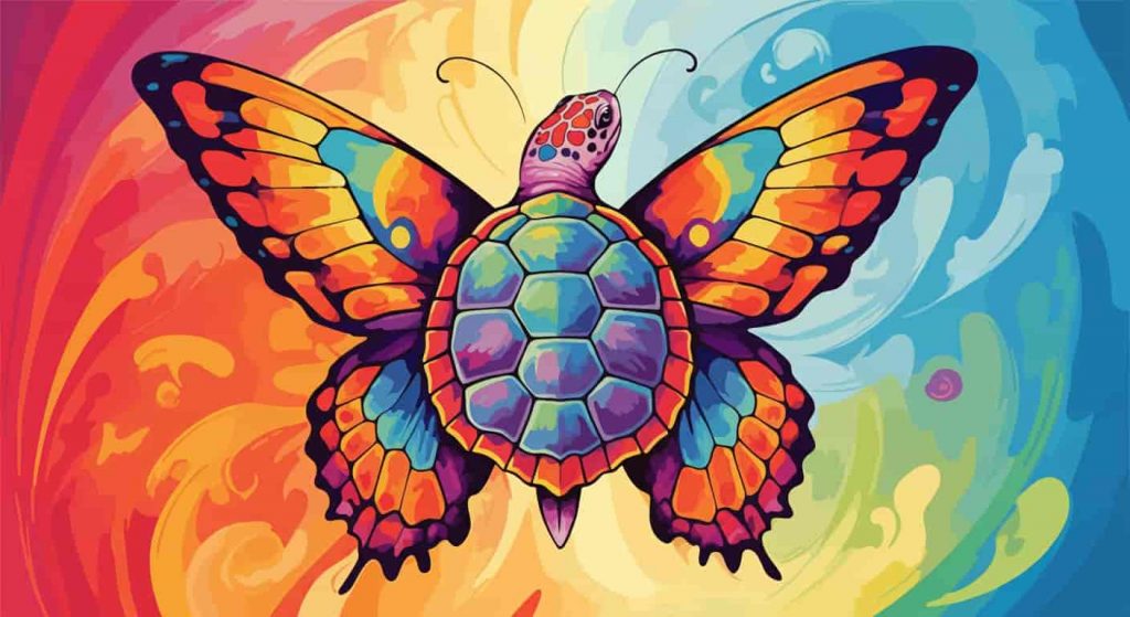 A vibrant pop art style image inspired by Peter Max, depicting a turtle shell transforming into a butterfly