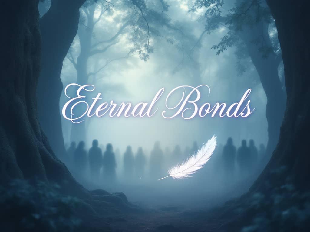 A misty forest with ghostly figures and a vivid small white feather in the foreground, symbolizing messages from deceased loved ones, with "Eternal Bonds" text overlay.