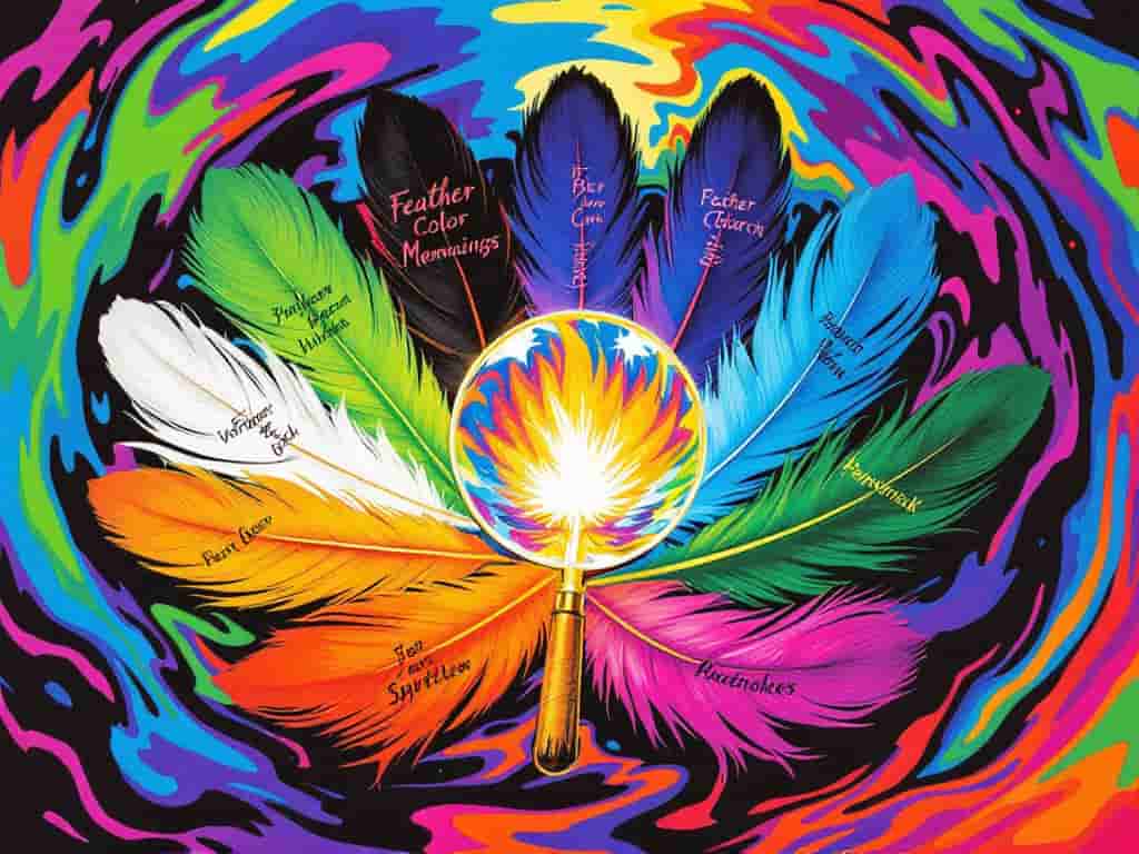 Circular arrangement of colorful feathers with labels showing their spiritual meanings, centered around a magnifying glass, illustrating the decoding of feather messages.
