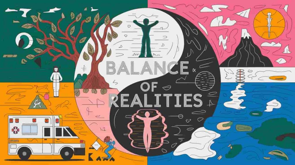 Yin-yang style image with realistic emergency scene and spiritual interpretation, figure balancing between realms, text reads "Balance of Realities".

