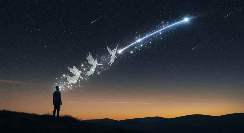 A person meditating on a hilltop connected by light to a shooting star, with celestial beings in the star's trail, representing divine communication through shooting stars.