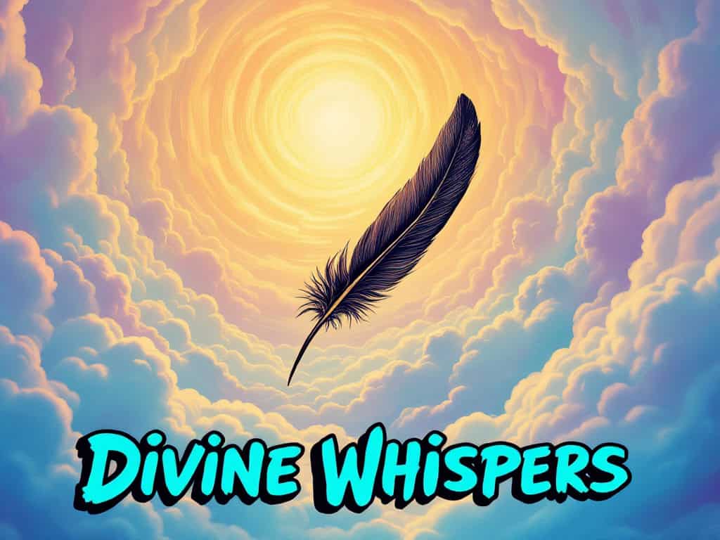 A black feather floating in a beam of light from clouds, with faint angelic figures in the background. The title "Divine Whispers" appears at the bottom.