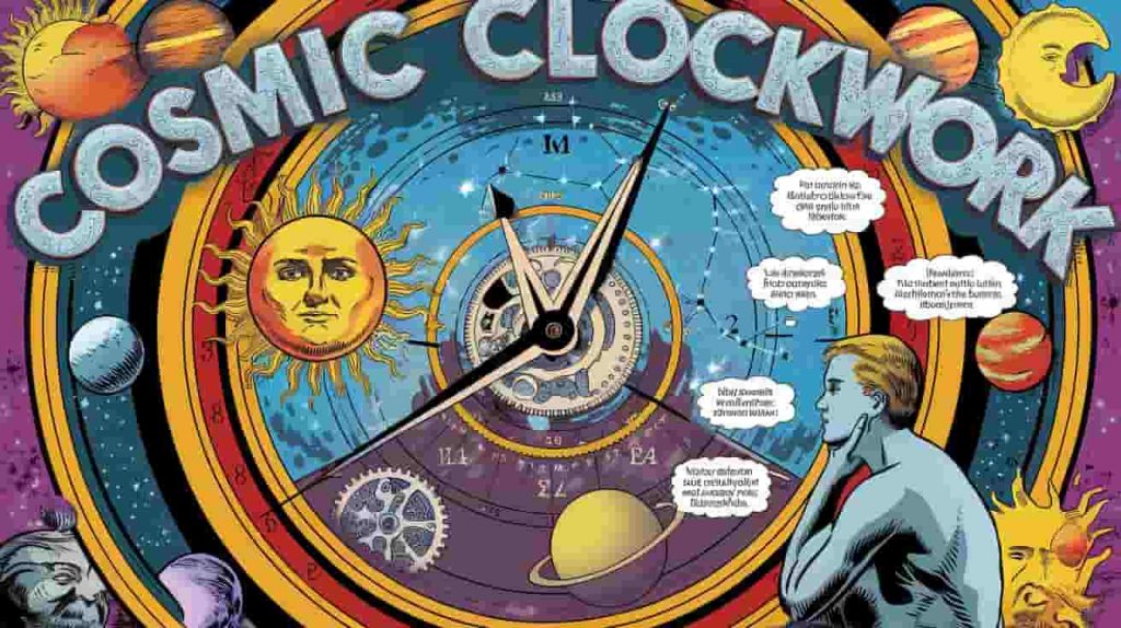 Intricate celestial clock with sun, moon, and stars as moving elements, planet gears, and a patient observer, illustrating the concept of divine timing and cosmic patience.