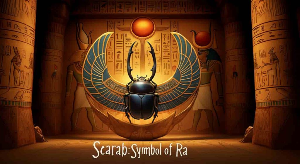 Stylized Egyptian temple interior with dung beetle hieroglyphs and murals, featuring a large scarab amulet and Ra the sun god, with the text "Scarab: Symbol of Ra" in a hieroglyphic-inspired font.