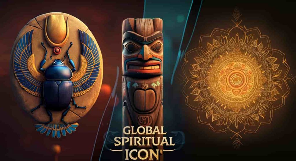 Triptych illustration showing dung beetles in Egyptian, Native American, and Eastern spiritual contexts, with the text "Global Spiritual Icon" in an ornate, multicultural-inspired font.