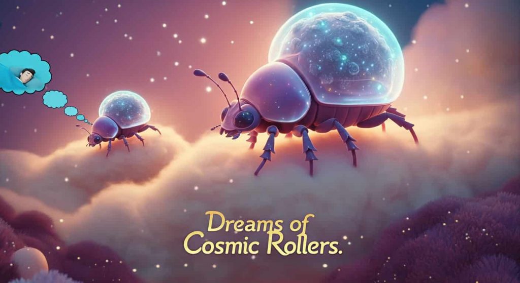 Surreal dreamscape with giant, translucent dung beetles rolling celestial bodies, connected to a sleeping person through thought bubbles, with the text "Dreams of Cosmic Rollers" in a flowing font.