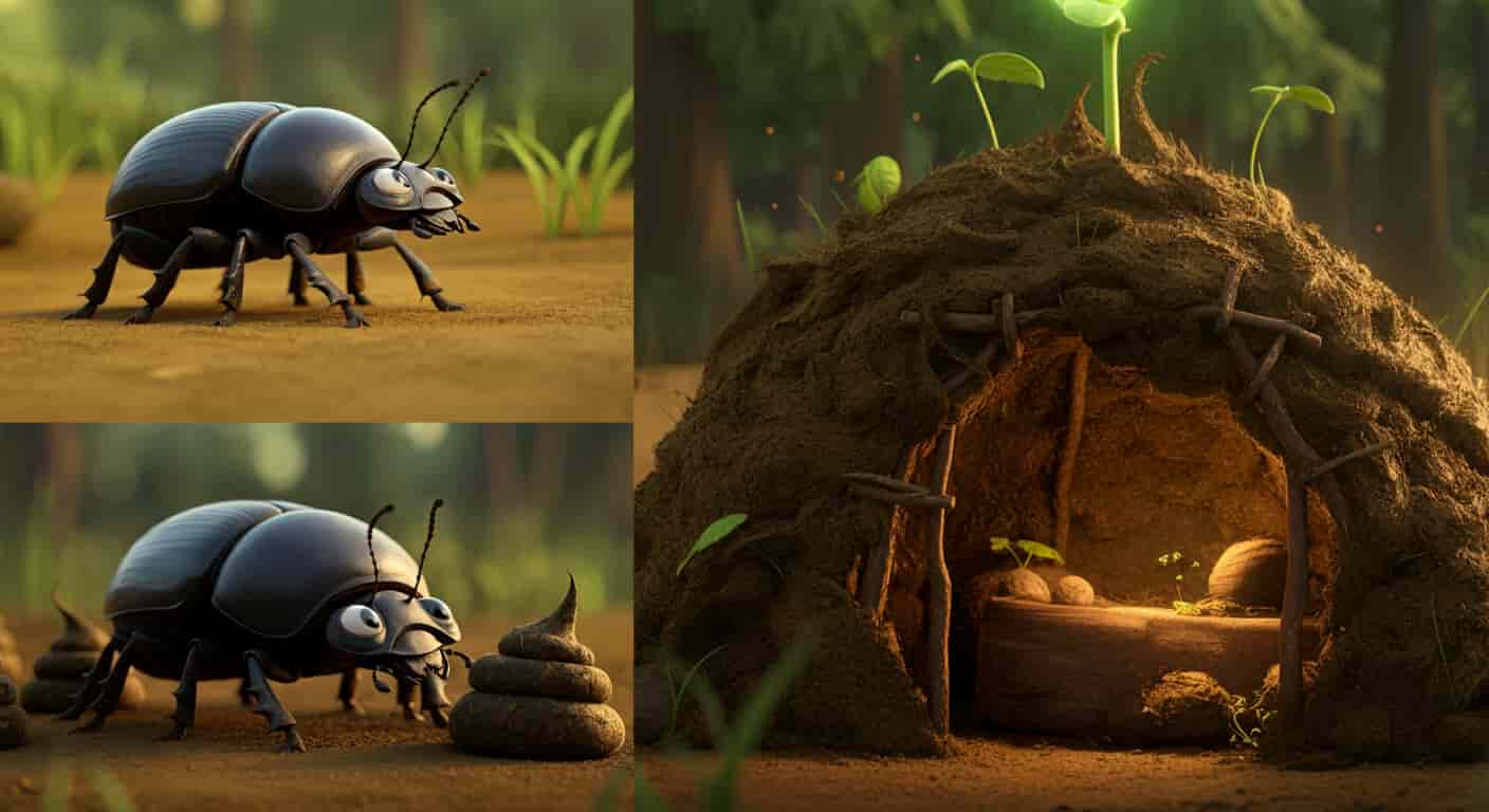 Illustration of a dung beetle using dung to construct various tools and structures, including a shelter, water collection system, and garden.