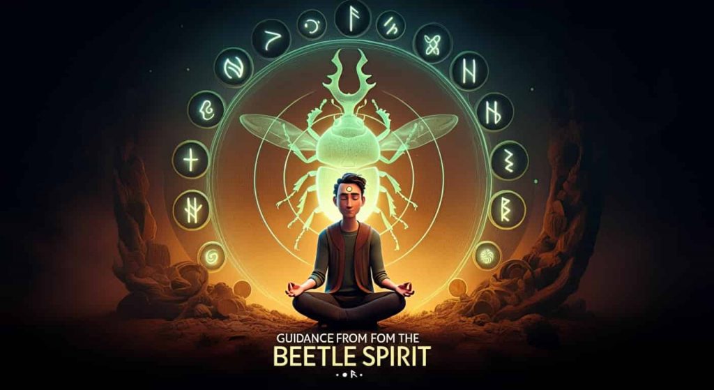 Illustration of a person meditating with a spirit dung beetle hovering above, surrounded by symbols of persistence, transformation, and hidden opportunities, with the text "Guidance from the Beetle Spirit" in a mystical font.