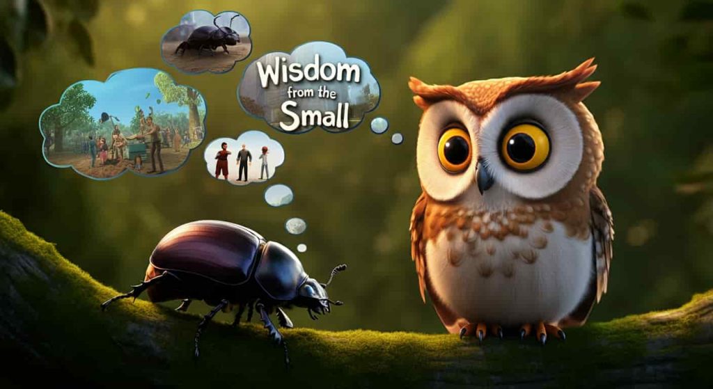 Illustration of a wise owl observing a dung beetle, with thought bubbles showing people overcoming obstacles, and the text "Wisdom from the Small" in a whimsical font.