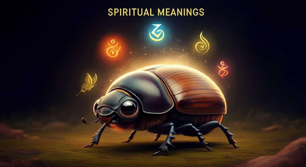 Artistic illustration of a dung beetle with symbols of transformation, persistence, and renewal emerging from its shell, blending earthy and ethereal colors to represent spiritual meanings.