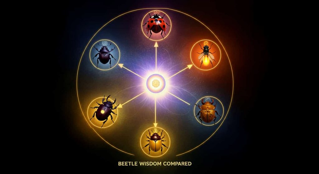 Circular diagram comparing spiritual symbolism of dung beetles, ladybugs, fireflies, and scarabs, with associated symbols and an abstract spiritual energy center, featuring the text "Beetle Wisdom Compared" in a scientific yet mystical font.