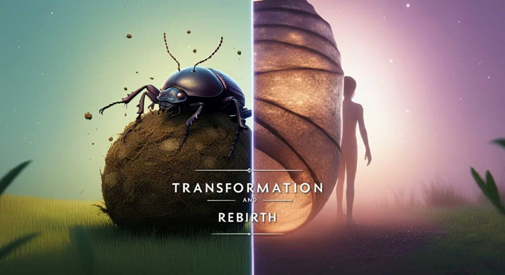 Split-screen image showing a dung beetle emerging from a dung ball and a person stepping out of a cocoon-like structure, with the text "Transformation and Rebirth" overlaid in an elegant font.