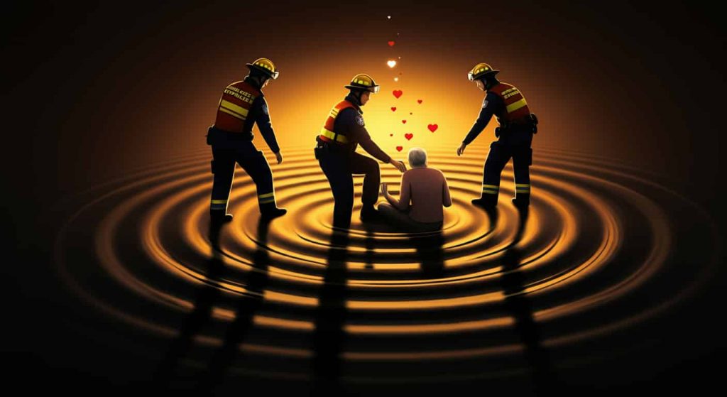Emergency responders helping people, creating ripples of positive energy that transform into symbols of compassion, illustrating the spiritual lesson of practicing compassionate service.