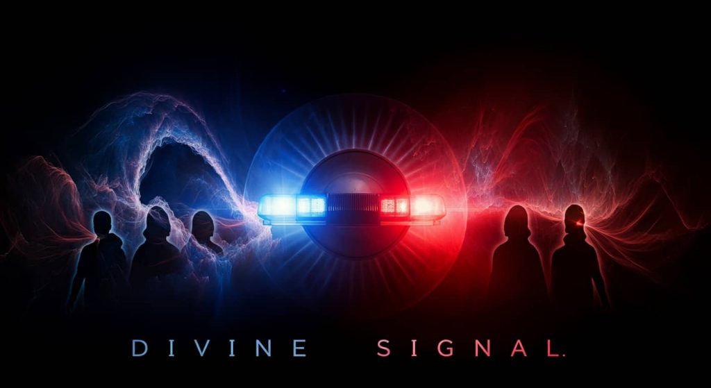 Emergency vehicle sirens and lights transforming into spiritual symbols and energy waves, interacting with human silhouettes, illustrating the concept of universal spiritual signals.