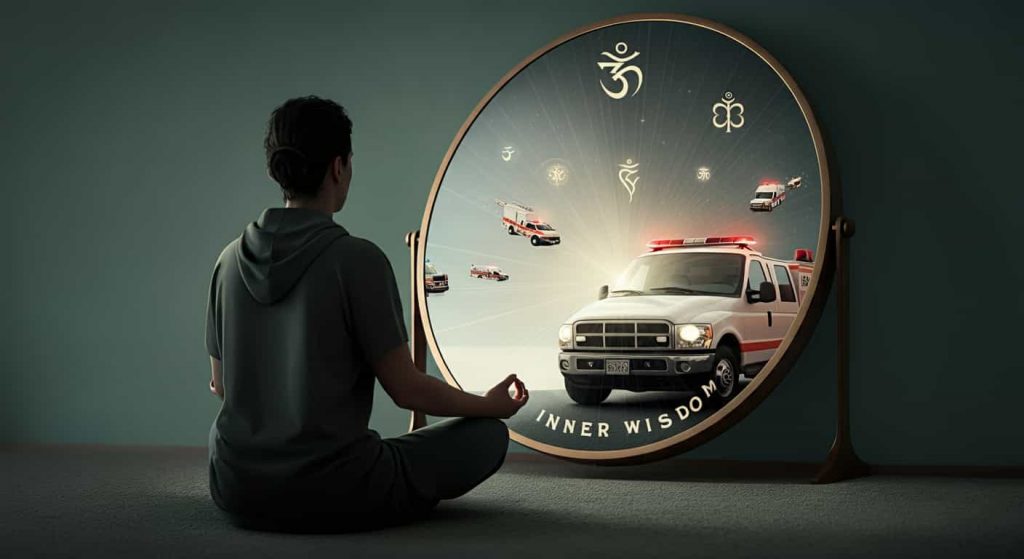 A person meditating before a mirror reflecting emergency vehicles with spiritual symbols, representing personal reflection and interpretation of the spiritual meaning of emergency vehicles.