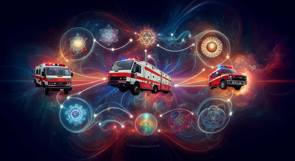 An abstract representation of emergency vehicles connected to various spiritual concepts through flowing energy lines, illustrating potential spiritual connections and cosmic significance.