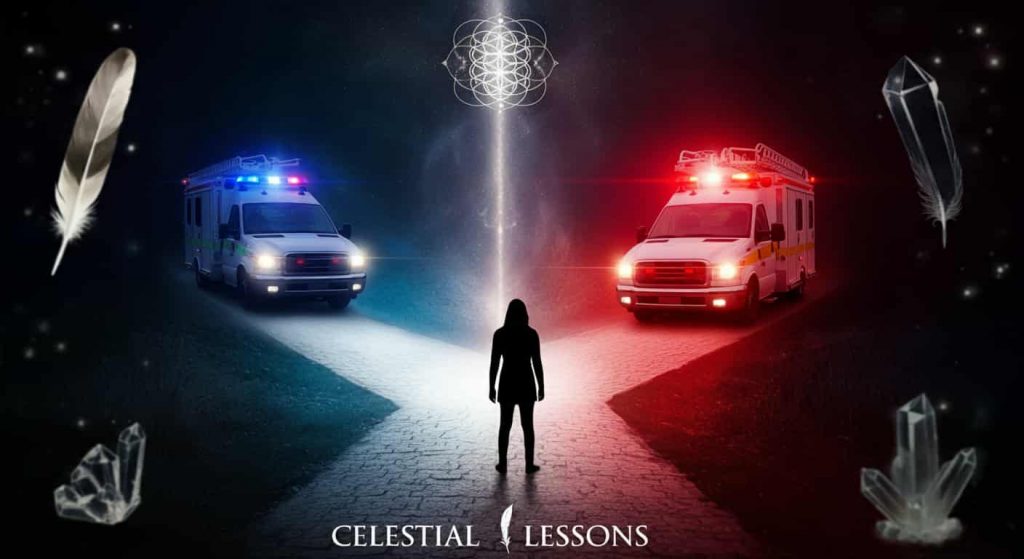 A person at a crossroads with paths leading to different emergency vehicles, surrounded by spiritual symbols, representing the celestial lessons and messages conveyed by emergency vehicles.