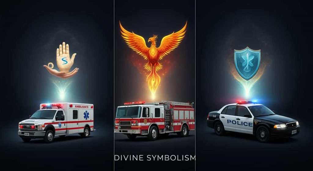 A triptych image showing an ambulance, fire truck, and police car, each with corresponding spiritual symbols floating above, illustrating the divine symbolism of emergency vehicles.