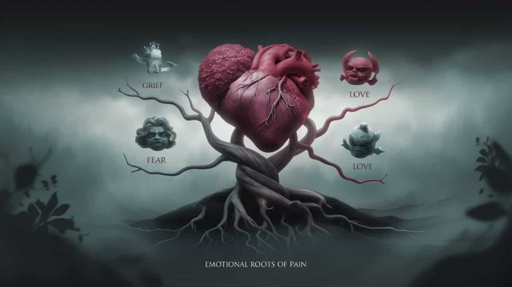 A 3D Ukiyo-e style render of a heart-shaped tree with branches symbolizing different emotions, illustrating the emotional causes and spiritual implications of chest pain.