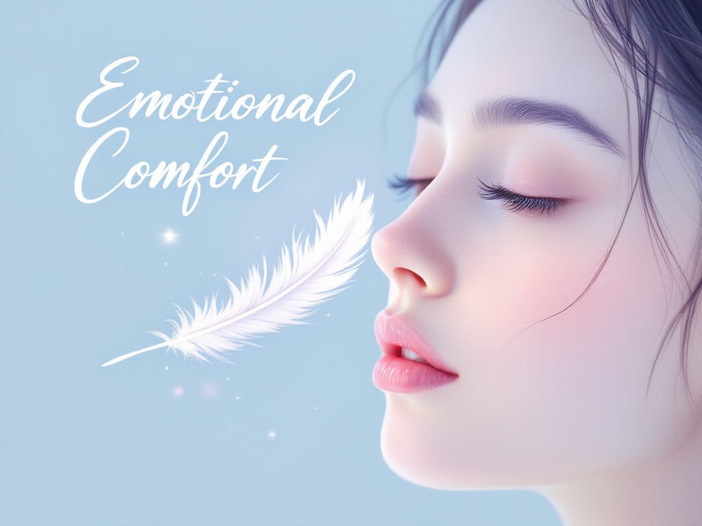 A person's face with a peaceful expression, a small white feather near their eye, depicting the emotional and psychological comfort associated with finding these feathers, with "Emotional Comfort" text overlay.