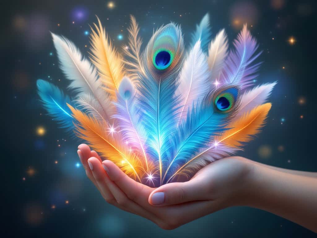 A human hand holding various feathers, each radiating a unique, colorful aura. The feathers' energies interact and swirl around a background mandala, creating a mesmerizing visual representation of feather vibrations and energy.