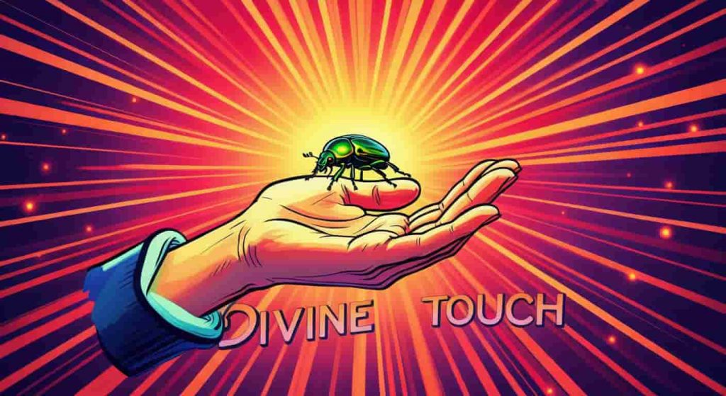 A pop art illustration of a green beetle landing on a hand with radiating neon lines and starbursts in Peter Max style, representing spiritual connection.