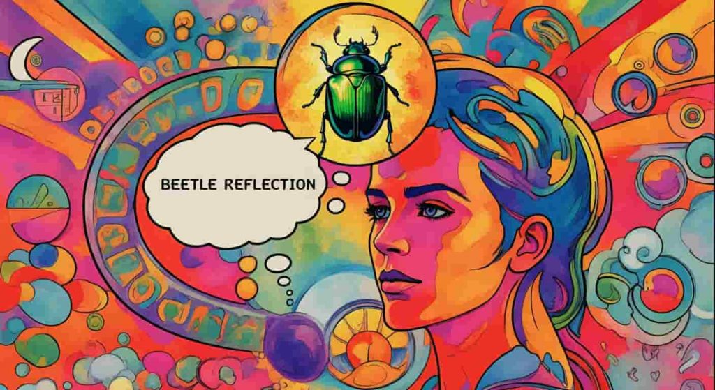 A psychedelic pop art image of a person reflecting on a green beetle experience, with a kaleidoscopic thought bubble and symbolic elements in vibrant Peter Max style.