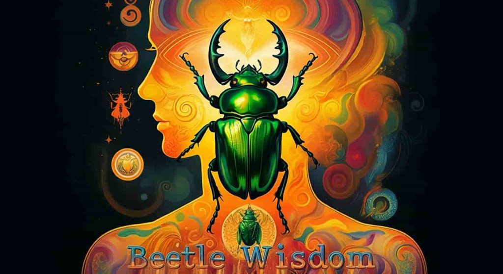 A psychedelic pop art image of a human silhouette filled with swirling patterns and a central green beetle, surrounded by symbolic icons representing spiritual lessons.