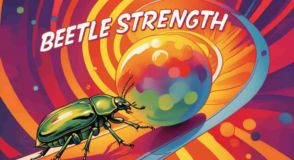 A pop art illustration of a green beetle demonstrating strength and determination by pushing a large sphere up a spiral path, created in vibrant Peter Max style.