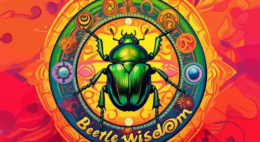 A pop art mandala featuring a green beetle surrounded by vibrant transformation symbols in Peter Max style, expressing spiritual symbolism through bold colors.