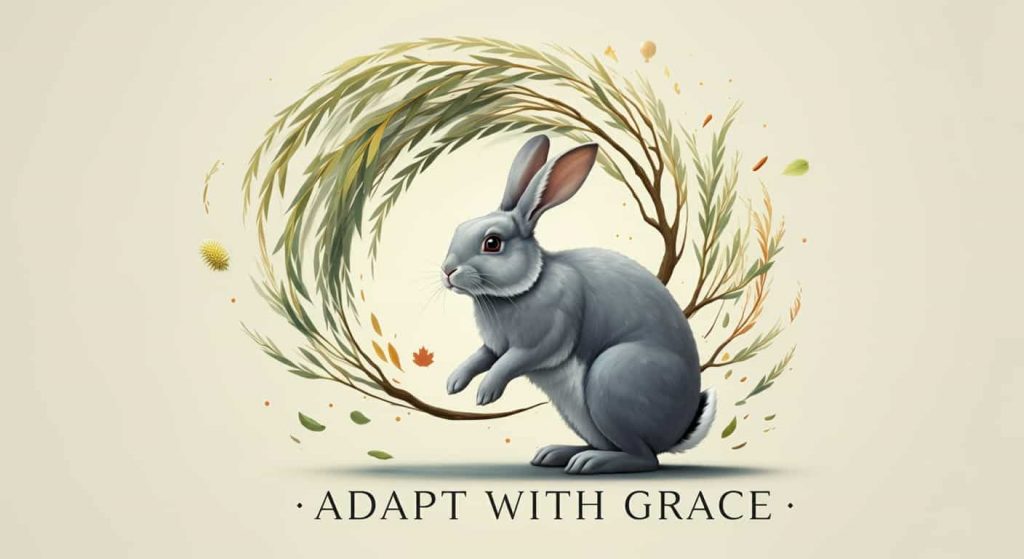 A grey rabbit gracefully bending like a willow tree in the wind, symbolizing adaptability and flexibility in the face of change.