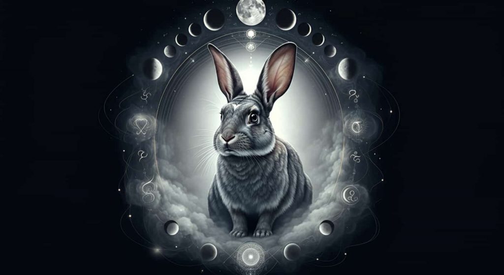 A grey rabbit emerging from a misty portal, symbolizing the connection between intuition, the subconscious, and hidden knowledge.