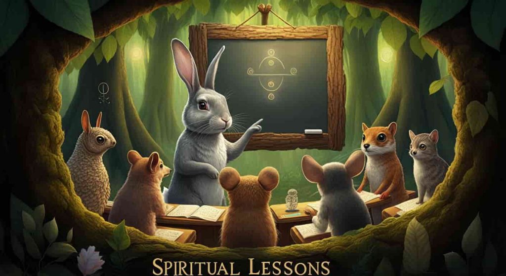 A grey rabbit teacher with a group of diverse animal students, illustrating the spiritual lessons and messages imparted by grey rabbits.
