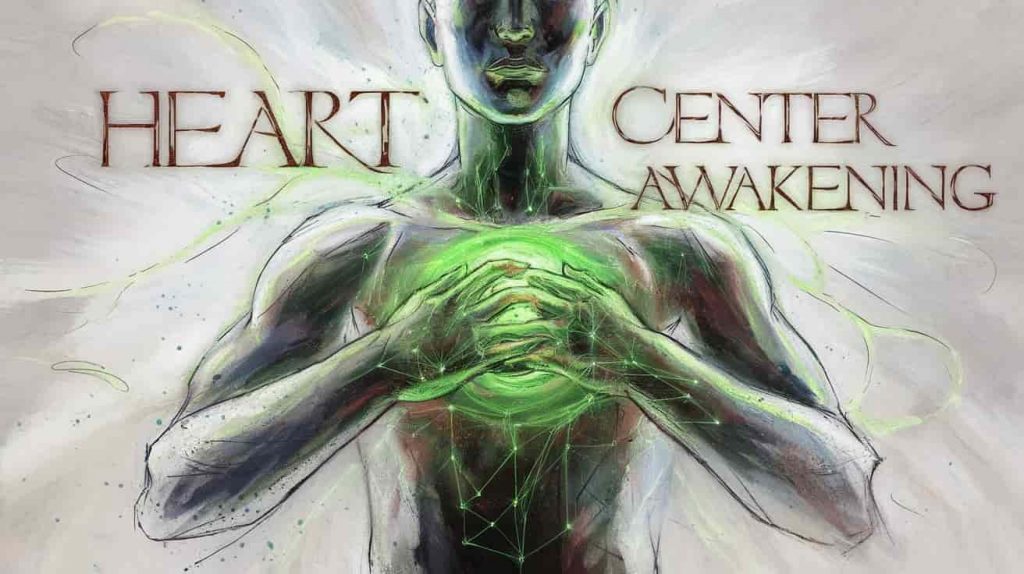 An impressionist watercolor and pen sketch showing a human figure with a green energy vortex in the chest, representing the heart chakra connection to spiritual chest pain.