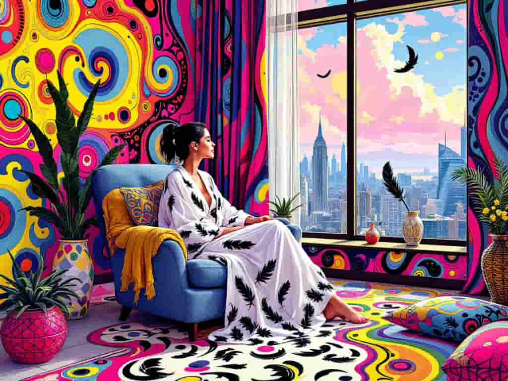 A modern living space with black feather motifs in decor, showing a person in reflection near a window with a black feather.