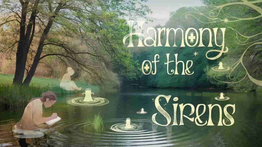 Person in nature engaged in spiritual practices with subtle ambulance siren imagery in natural elements, soft colors, text reads "Harmony of the Sirens".
