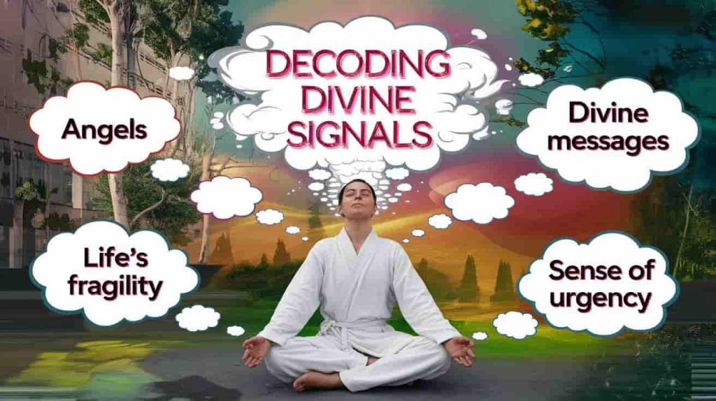 Person in meditative pose surrounded by thought bubbles with ambulance siren interpretations, blending physical and spiritual elements, text reads "Decoding Divine Signals".
