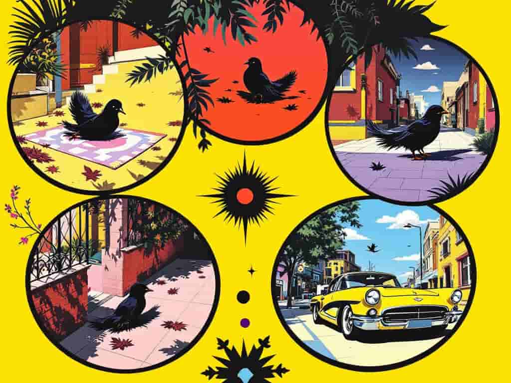 A circular arrangement of five scenes showing a black feather in different locations, with a central magnifying glass examining a feather.