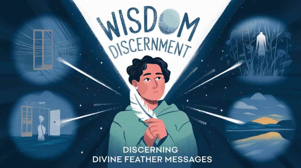 Thoughtful person holding a feather, surrounded by ghostly images of various scenarios, with a beam of light representing wisdom and discernment in interpreting feather encounters.