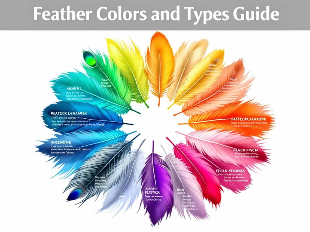 An image displaying various feather colors and types in a circular arrangement, with brief descriptions explaining the meaning of each feather.