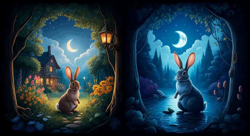 An image showing different contexts of nighttime rabbit encounters: in a garden, near a house, in a wild forest, and by water. Each scene features varying lighting and moon phases, with subtle symbols suggesting different spiritual interpretations.