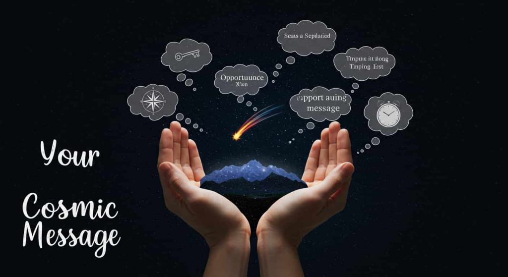 Hands cupping a night sky with a shooting star, surrounded by thought bubbles containing symbolic interpretations, with "Your Cosmic Message" text, representing personal interpretation of shooting star experiences.