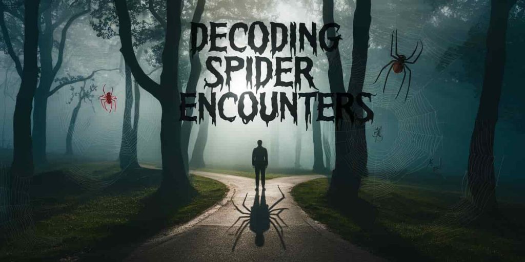 A person at a misty forest crossroads surrounded by spider webs with different colored spiders. The person's shadow forms a spider shape. The text "Decoding Spider Encounters" is overlaid in a mysterious font.