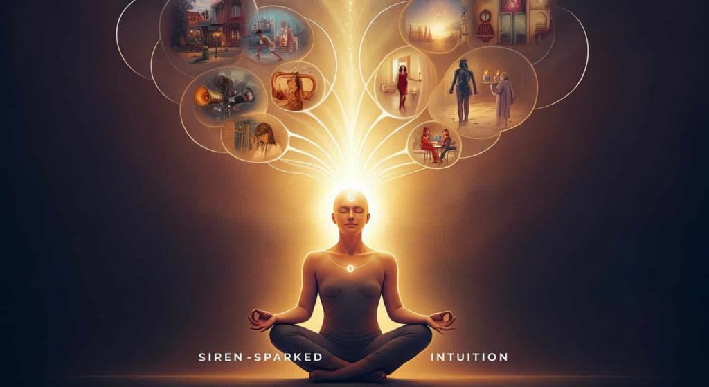 A person in a meditative pose with a glowing aura, surrounded by thought bubbles containing scenes of everyday life with sirens, connected to spiritual symbols, titled "Siren-Sparked Intuition".