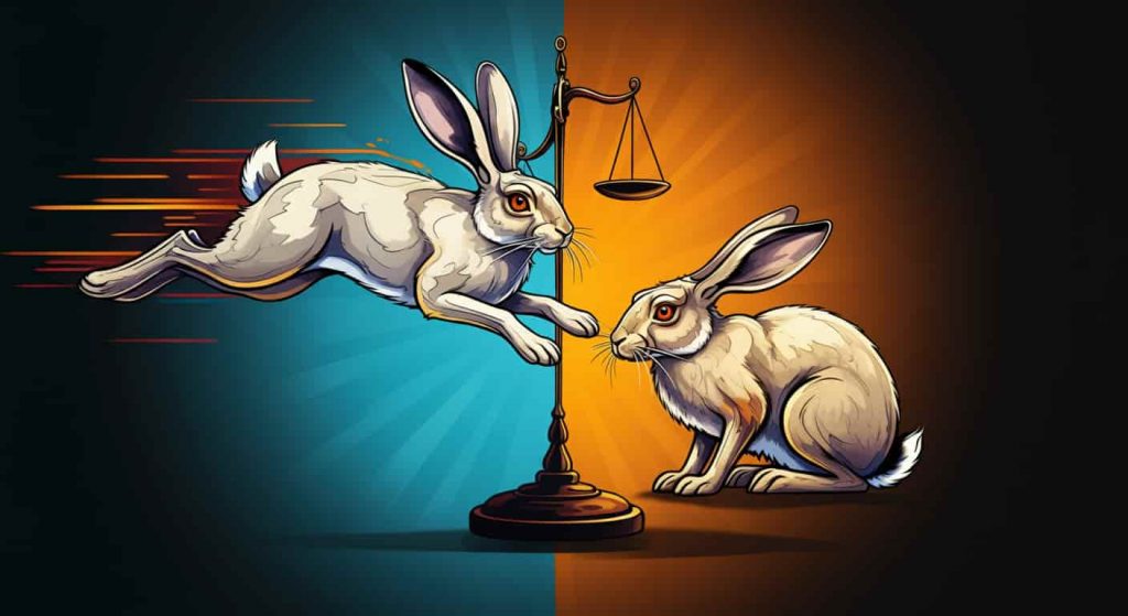 Split image of a jack rabbit in mid-leap and at rest, representing the balance between action and stillness.