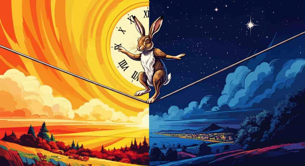 Jack rabbit balancing on a tightrope between day and night, symbolizing equilibrium and perfect timing.