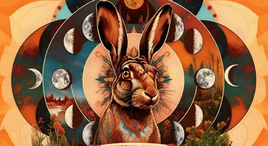 Collage depicting various jack rabbit spiritual symbols including moon phases, intuition, and abundance.