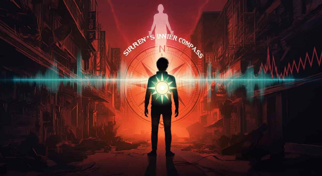 A person standing calmly in a chaotic urban setting, with a glowing compass rose emanating from their chest, pointing towards an ethereal siren, with the title "Siren's Inner Compass" visible near the compass.